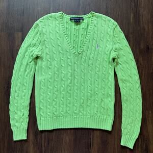 Ralph Lauren Sport Cable Knit V Neck Sweater Lime Green 100% Cotton Women’s L